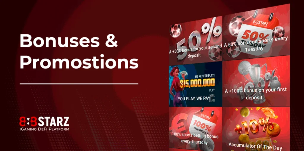 Bonuses and promotions overview on 888STARZ including 50% second deposit bonus, 100% first deposit, 100% Thursday sports bonus and accumulator of the day. Explore all offers with withdraw bonus on 888starz and boost your winnings on the iGaming DeFi platform.